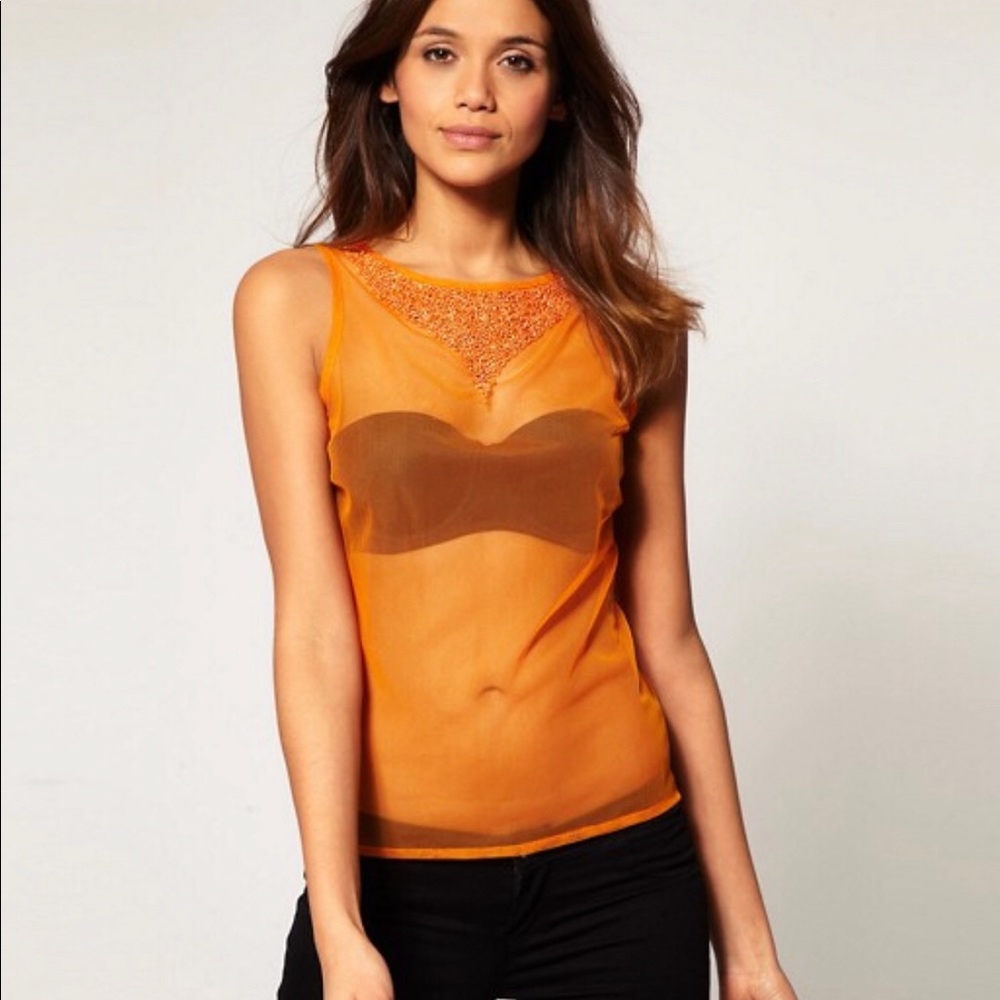 ASOS sheer orange top with embellished details